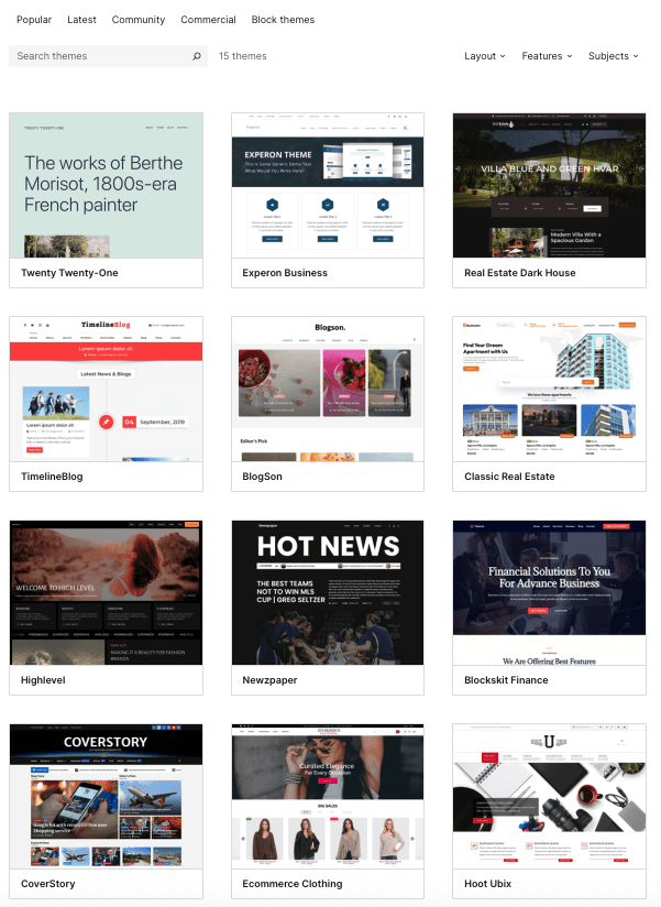 selection of WordPress site themes